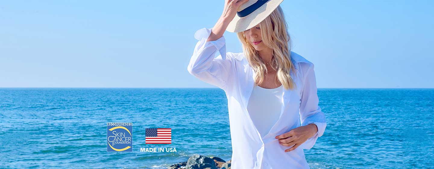 Skin Cancer Foundation states Sun Protection Clothing is the most effective from of sun protection. - Model is wearing UPF 50+ Wide Brim Fedora an UPF 50+ Beach Shirt - Sun Protection made in the USA - Sun50